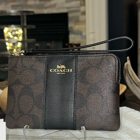 COACH Signature PVC Leather Corner Zip Wristlet w/Stripe in Walnut Brown & Black - Picture 2 of 15